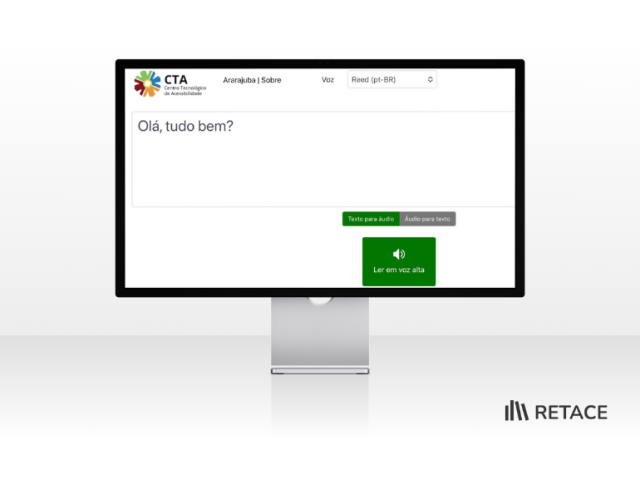 Tela de aplicativo com texto transcrito “Olá, tudo bem?” e botão verde de gravação na parte inferior direita.